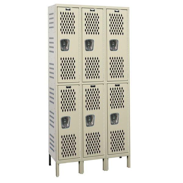 Hallowell Heavy-Duty Ventilated Three-Wide Double-Tier Lockers - Assembled Tan